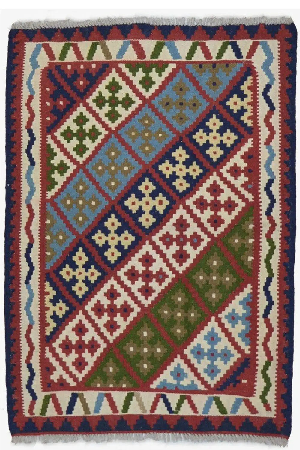 Colorful kilim with diamond lattice, dark blue border and red accents, with fringes