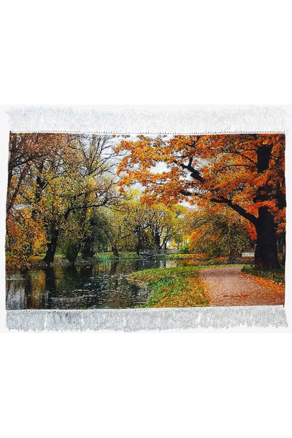 Rug with an autumn forest motif, multicolored, rectangular, white fringed border