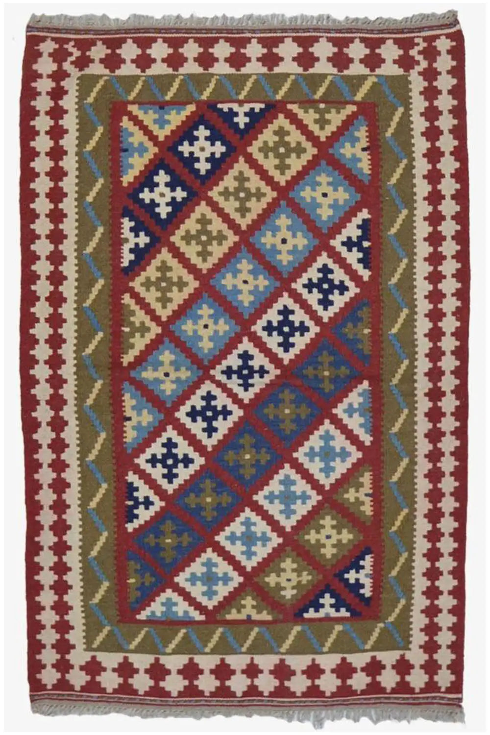 Rectangular Qashqai kilim: multicolored diamond pattern with a white-red cross border.