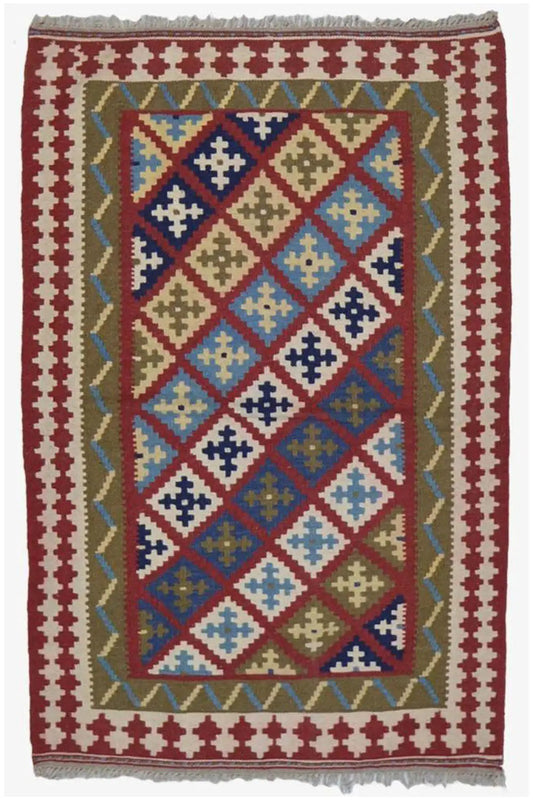 Rectangular Qashqai kilim: multicolored diamond pattern with a white-red cross border.