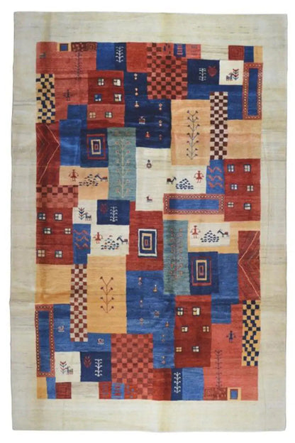 Gabbeh Lori rug laid flat: patchwork of red, blue, beige and cream