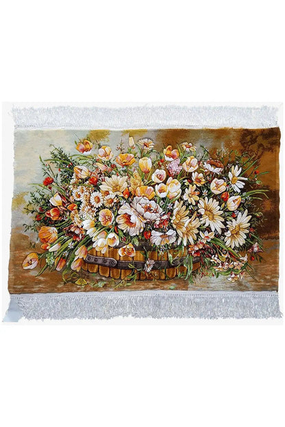 Rug picture 94x57 cm with a basket of flowers, rectangular, white border with fringes