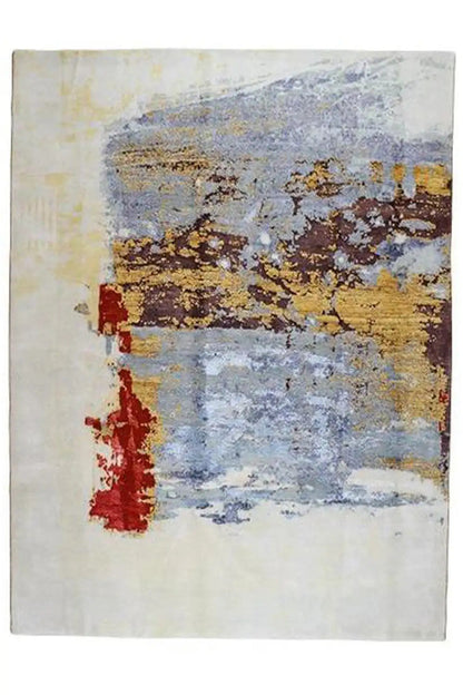Designer square rug, light beige background with a blue-gray and red pattern