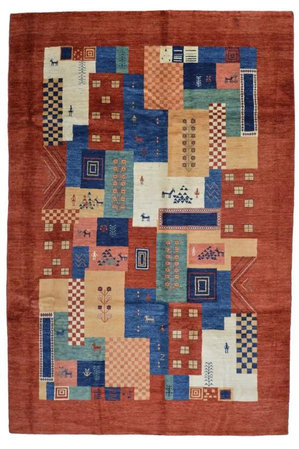 Gabbeh-Lori rug (278x182 cm), flat-weave, red field with colorful geometric blocks