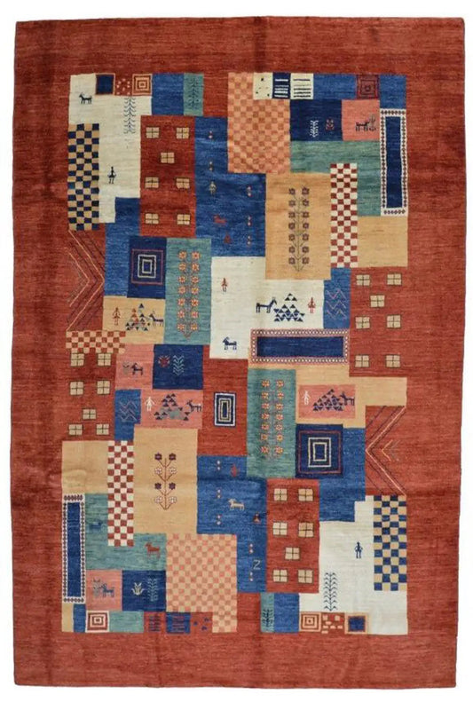 Gabbeh-Lori rug (278x182 cm), flat-weave, red field with colorful geometric blocks