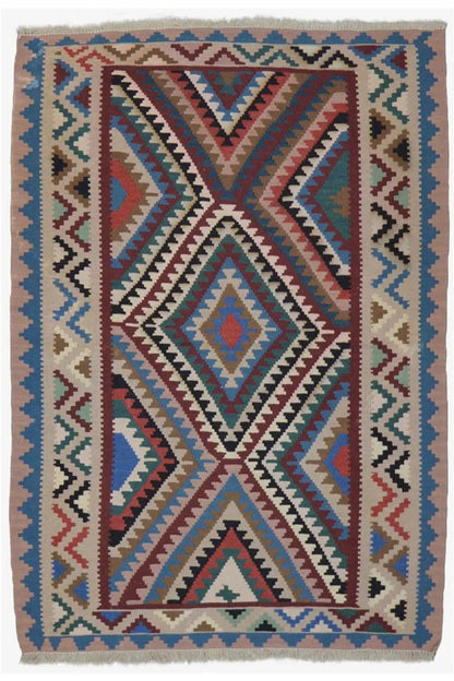 Kilim Qashqai rug front view: geometric multicolor pattern, framed