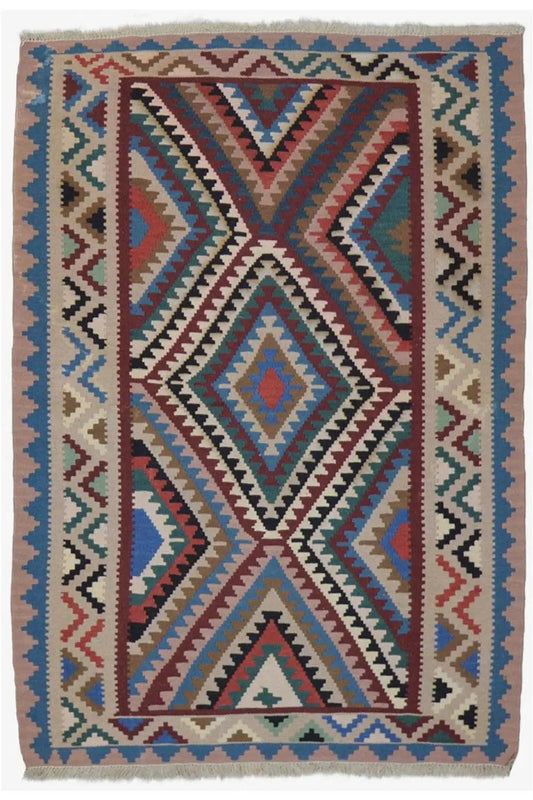 Kilim Qashqai rug front view: geometric multicolor pattern, framed