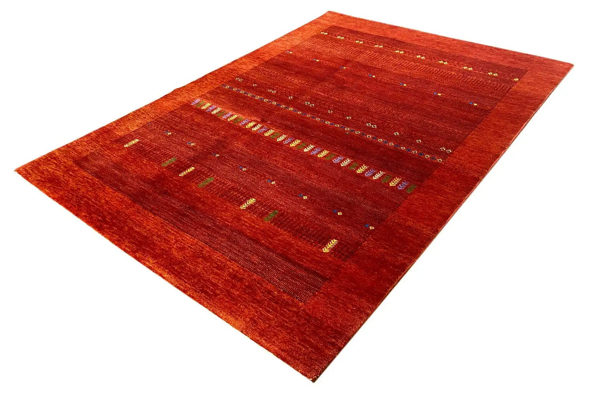 Red Gabbeh rug with multicolored borders and geometric patterns, 204x142 cm