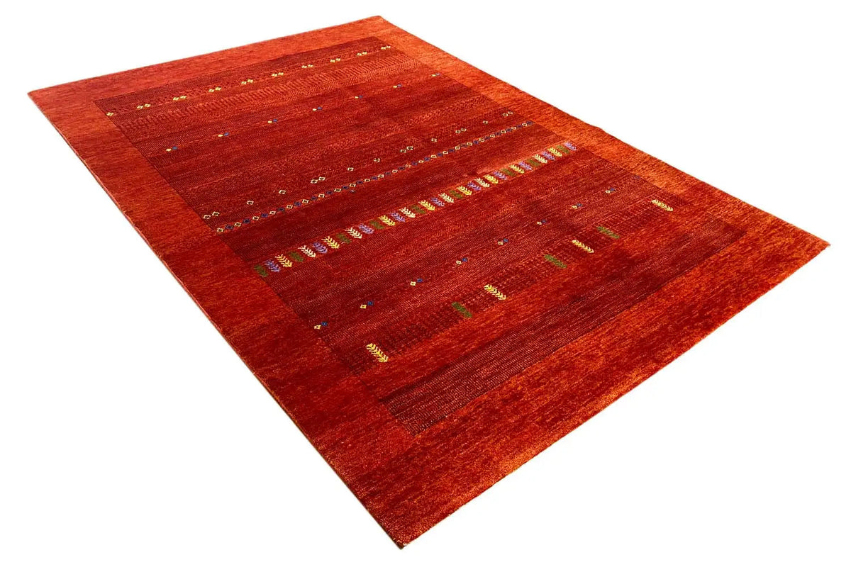 Gabbeh rug in warm red with striped decorative bands and colorful accents, 204x142 cm