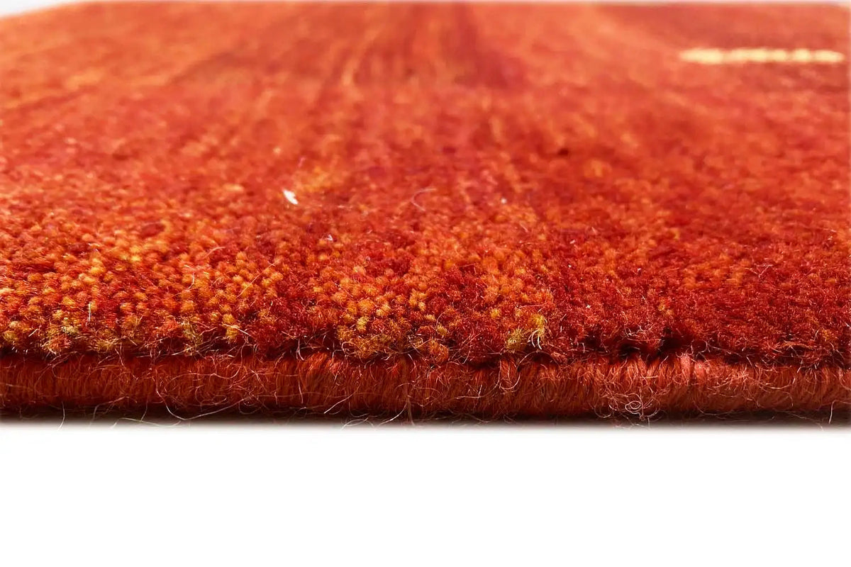 Gabbeh rug edge view with short fringes and red pile, colorful patterns in detail