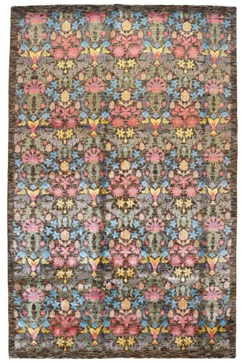 Rectangular rug with a repetitive ornamental and bird pattern, dark border