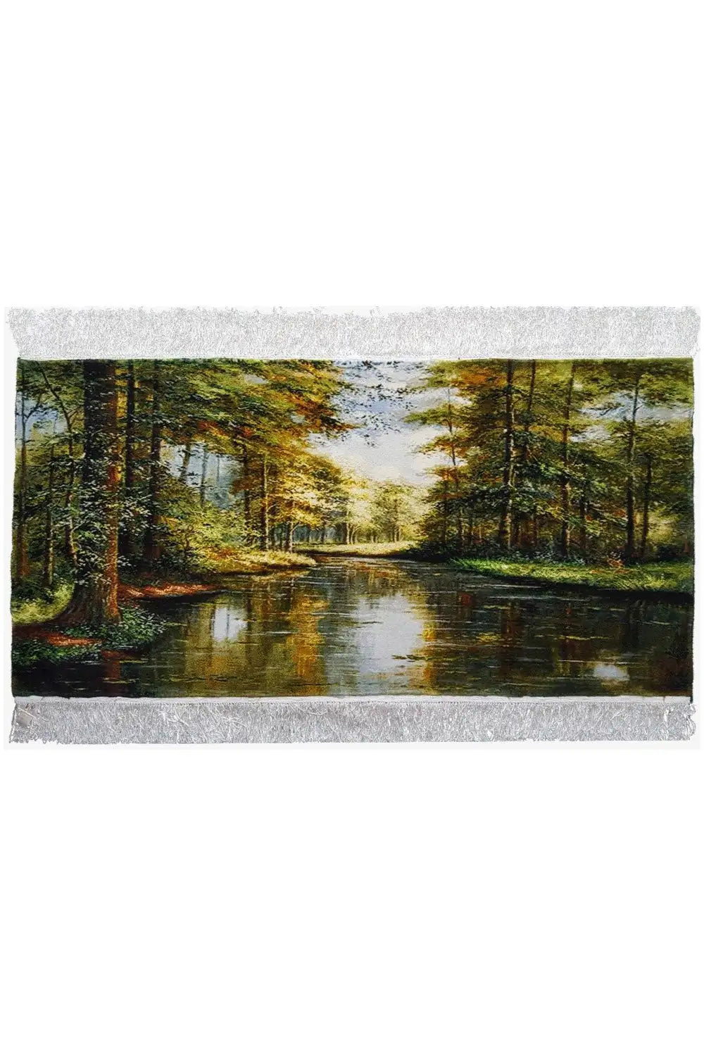 Tapestry 127x62 cm with forest lake design, multicolored, white fringed border all around