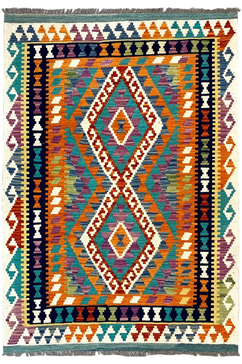 Afghan kilim with a geometric pattern, multicolored and fringed edges
