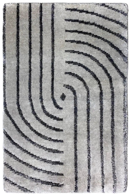 Rug with a gray background and dark lines, egg-shaped spiral patterns, rectangular
