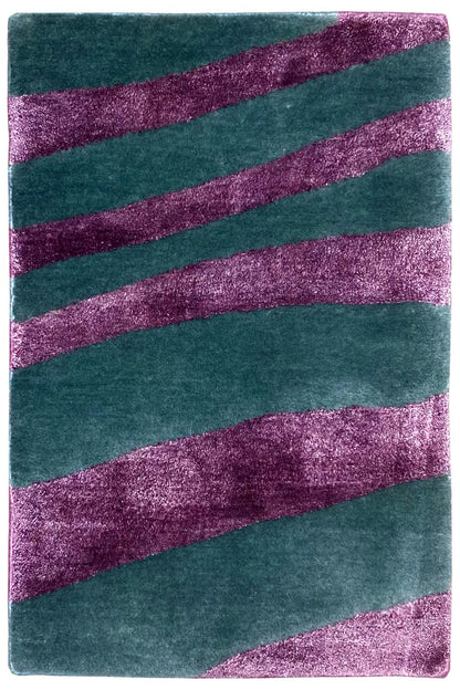 Rectangular designer rug with petrol-green and purple stripes, 60x40 cm