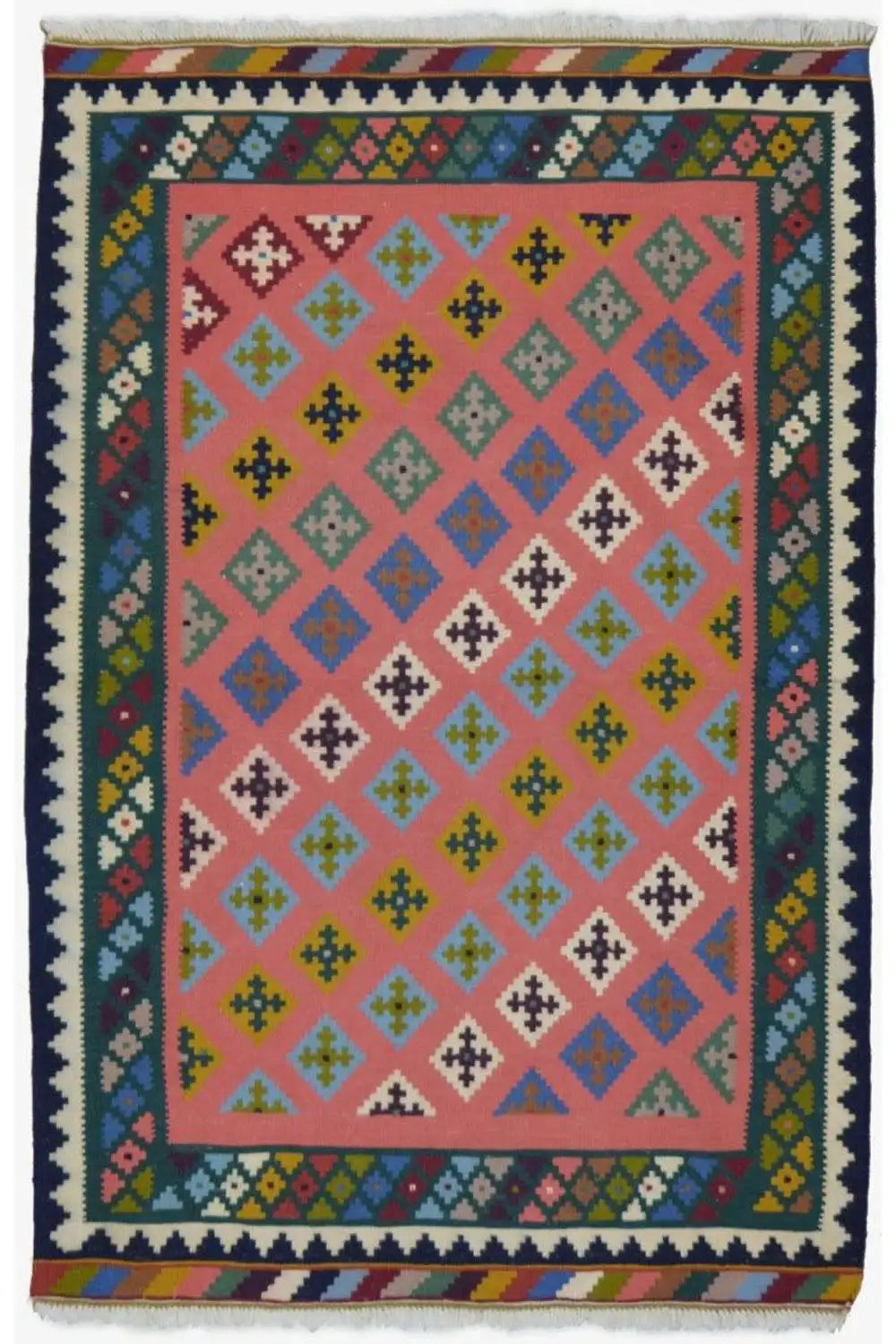 Multicolor kilim rug with a geometric diamond pattern, colorful bordered frame, 153x102 cm
