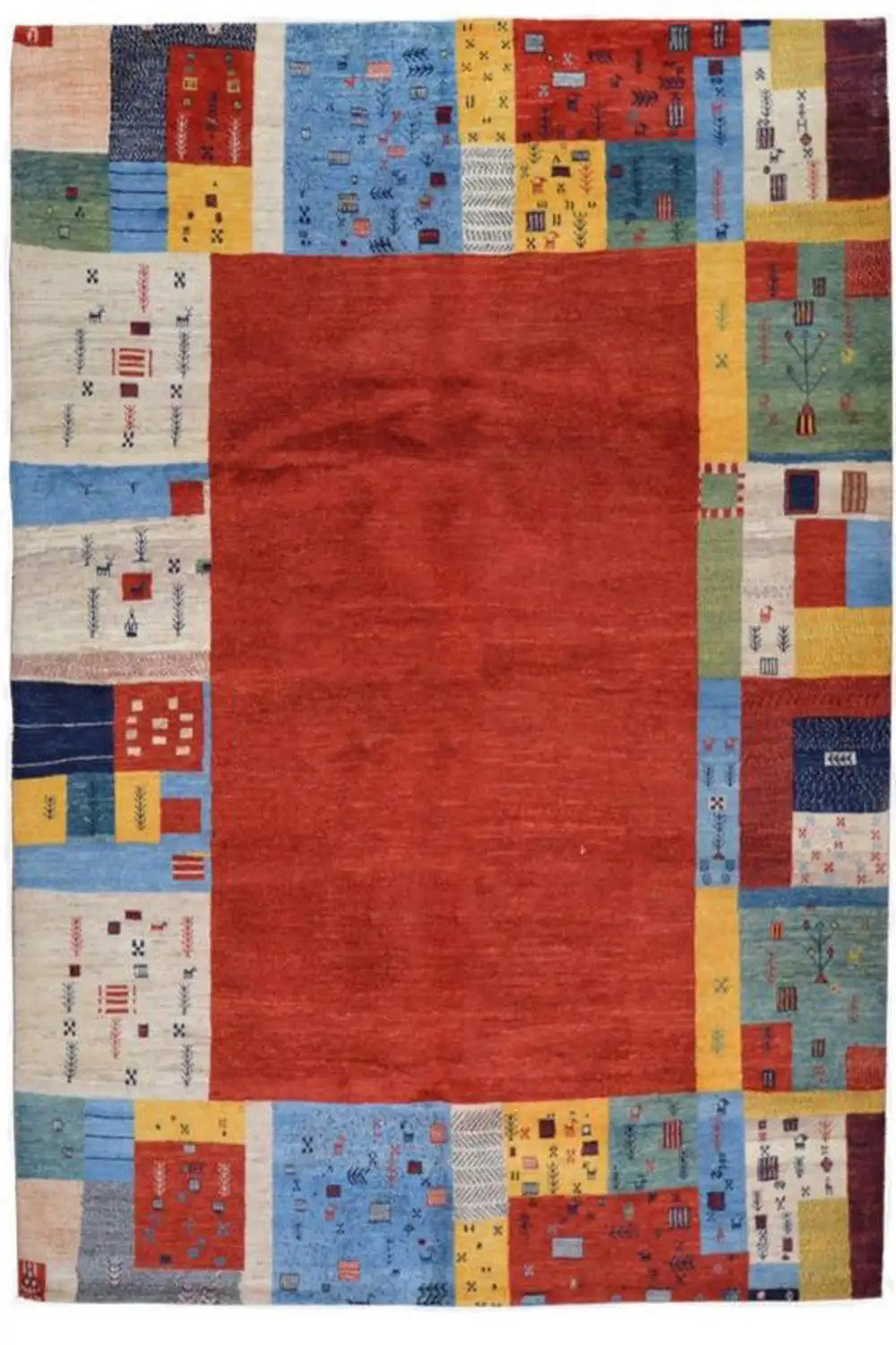 Gabbeh rug front view: red center, patchwork border in blue, yellow, and red