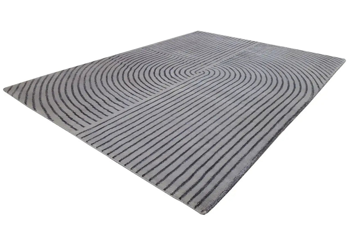 Square rug with a gray background and dark blue, curved line motifs