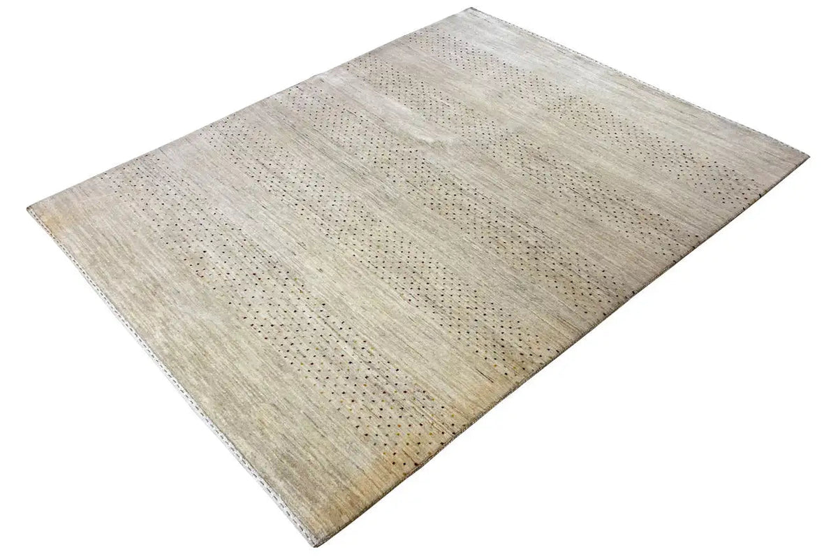 Gabbeh rug with a horizontally striped pattern, light beige and fine flecks of color