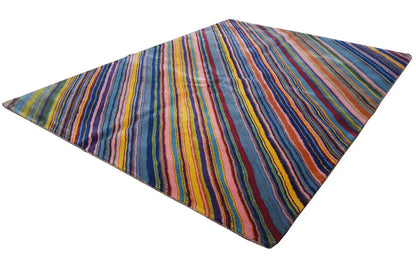 Rug with a multicolored striped pattern, spread out in a triangular shape