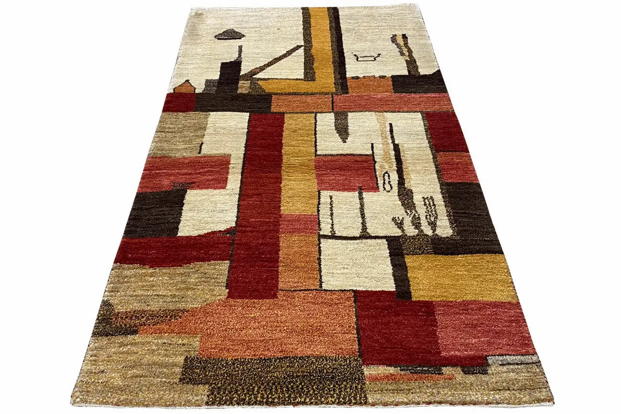 Gabbeh rug, woven geometric design in cream, red and brown, 163×87 cm
