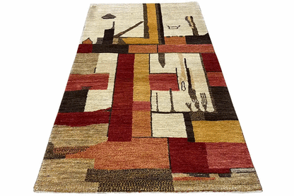 Gabbeh rug, woven geometric design in cream, red and brown, 163×87 cm