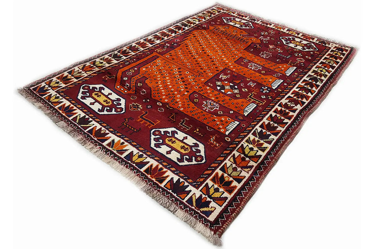 Gabbeh-style oriental rug, Bordeaux and orange, white and dark blue pattern, fringes