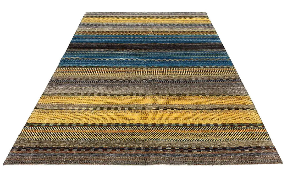 Gabbeh rug, rectangular, striped in shades of blue and yellow with fine patterns