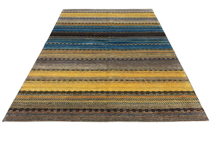 Gabbeh rug, rectangular, striped in shades of blue and yellow with fine patterns