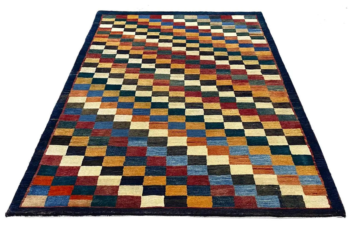 Gabbeh rug “Lori” with a wide-striped checkered pattern in blue, beige and red