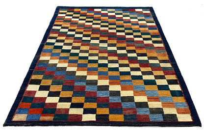 Gabbeh rug “Lori” with a wide-striped checkered pattern in blue, beige and red