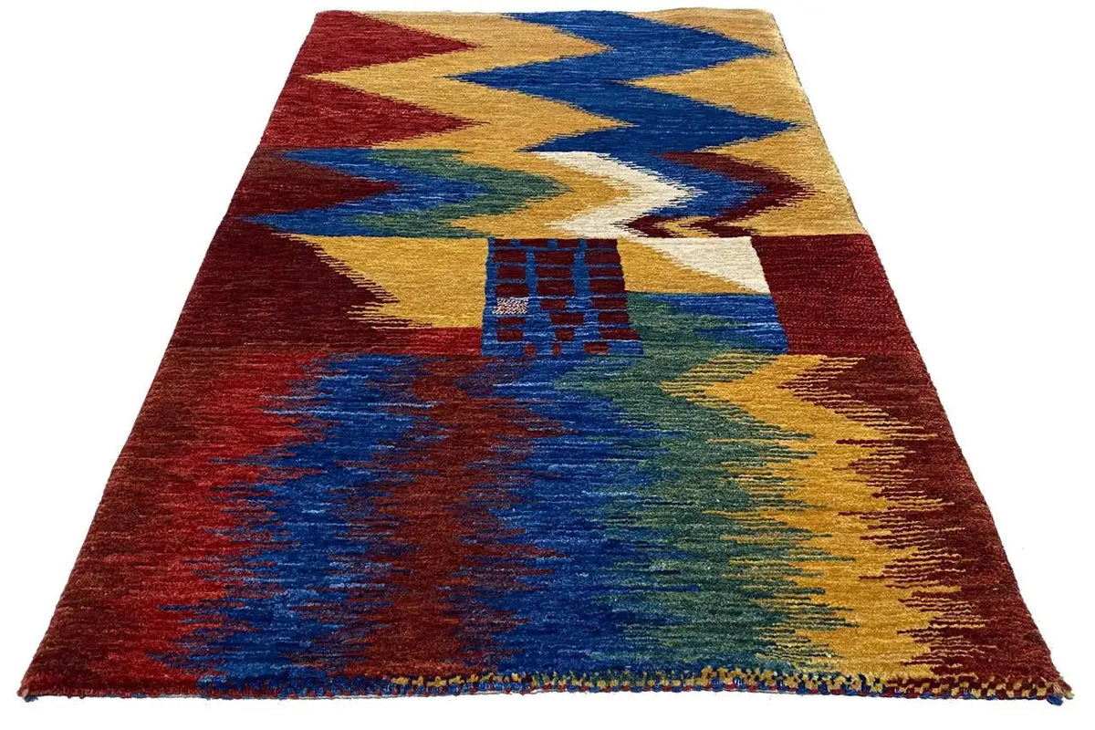 Gabbeh rug, zigzag design in red, blue, yellow and green