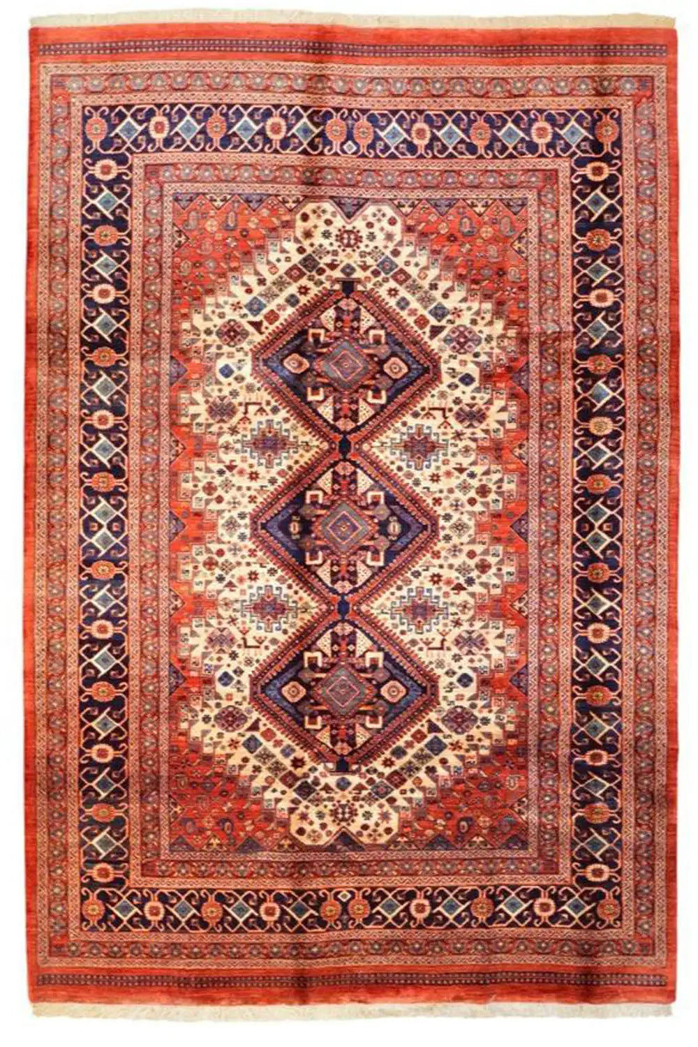 Classic rug with a red border, beige medallion, and blue-black pattern