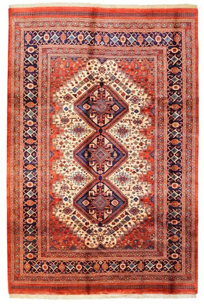 Classic rug with a red border, beige medallion, and blue-black pattern