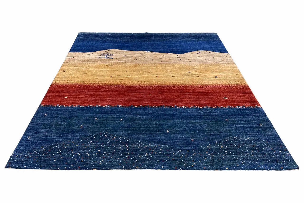 Carpet with color stripes: blue on the outside, beige zone, and red line in the middle