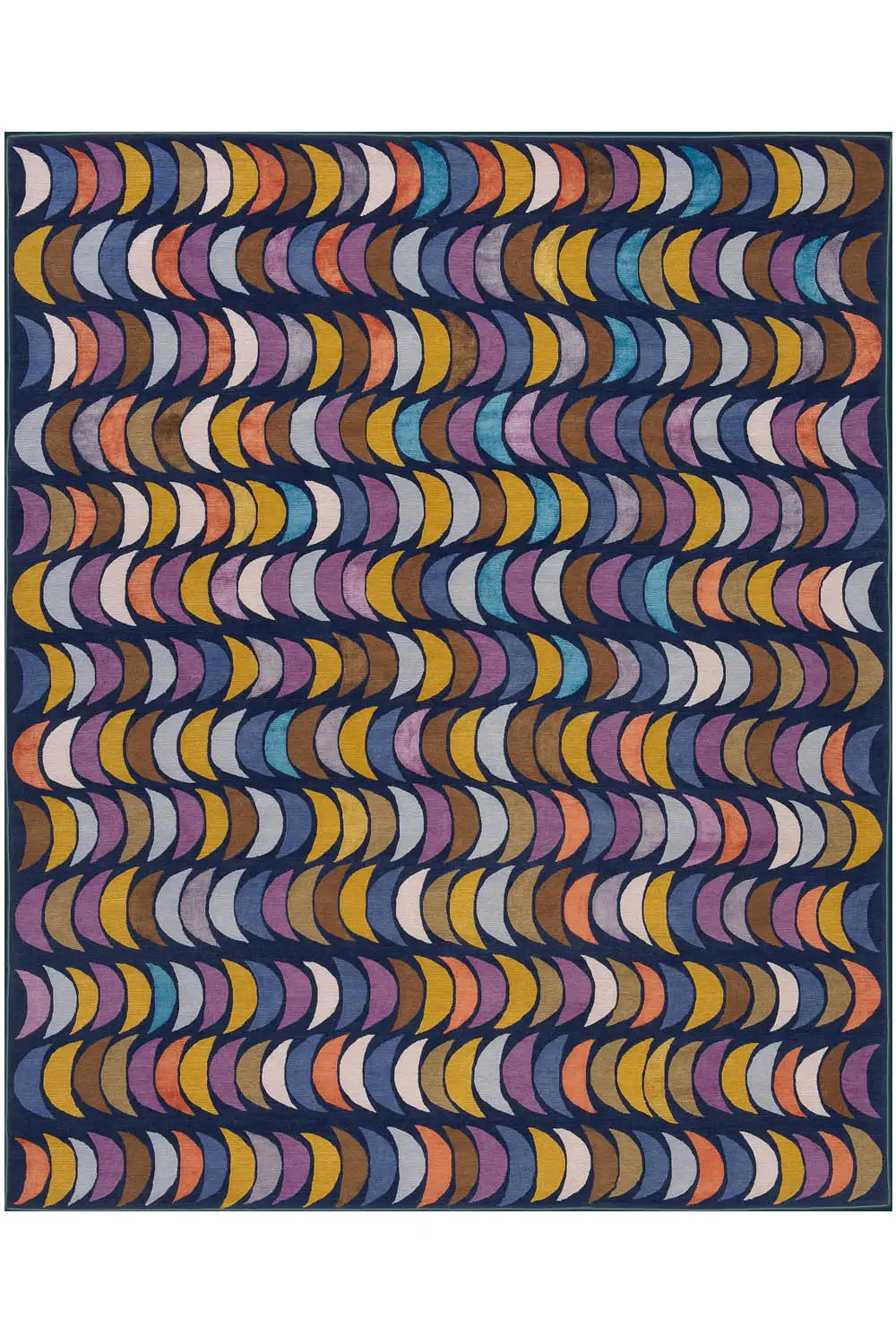 Rectangular rug with an abstract wave pattern in blue, yellow, and violet, front view