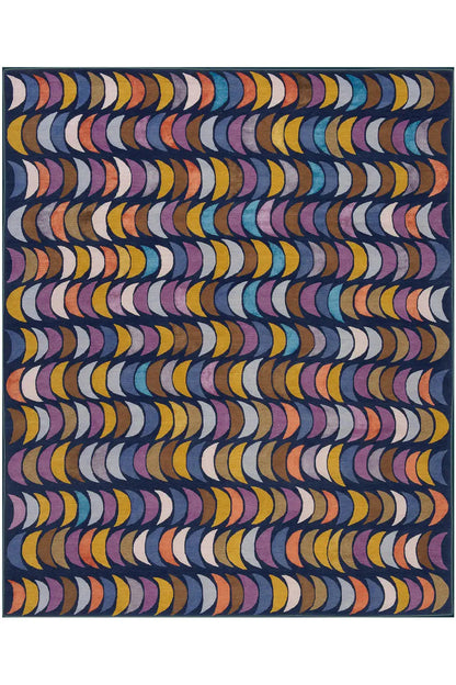 Rectangular rug with an abstract wave pattern in blue, yellow, and violet, front view