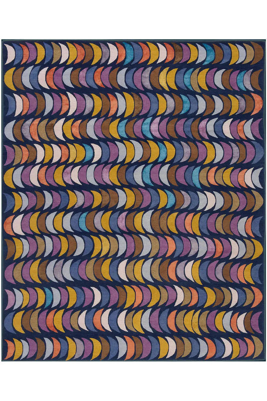 Rectangular rug with an abstract wave pattern in blue, yellow, and violet, front view
