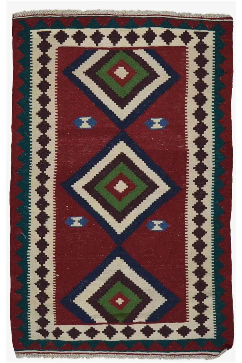 Qashqai kilim, rectangular, geometric diamond pattern in red, blue, green, and cream