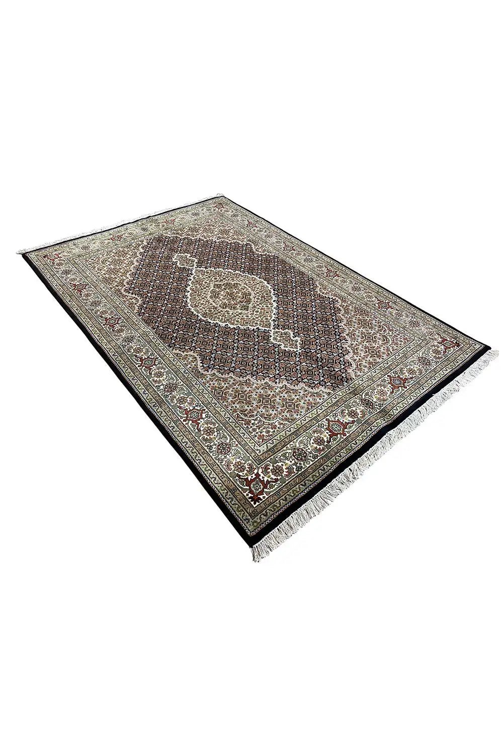 Indo Tabriz rug at an angle, beige ornamental field with a brown center
