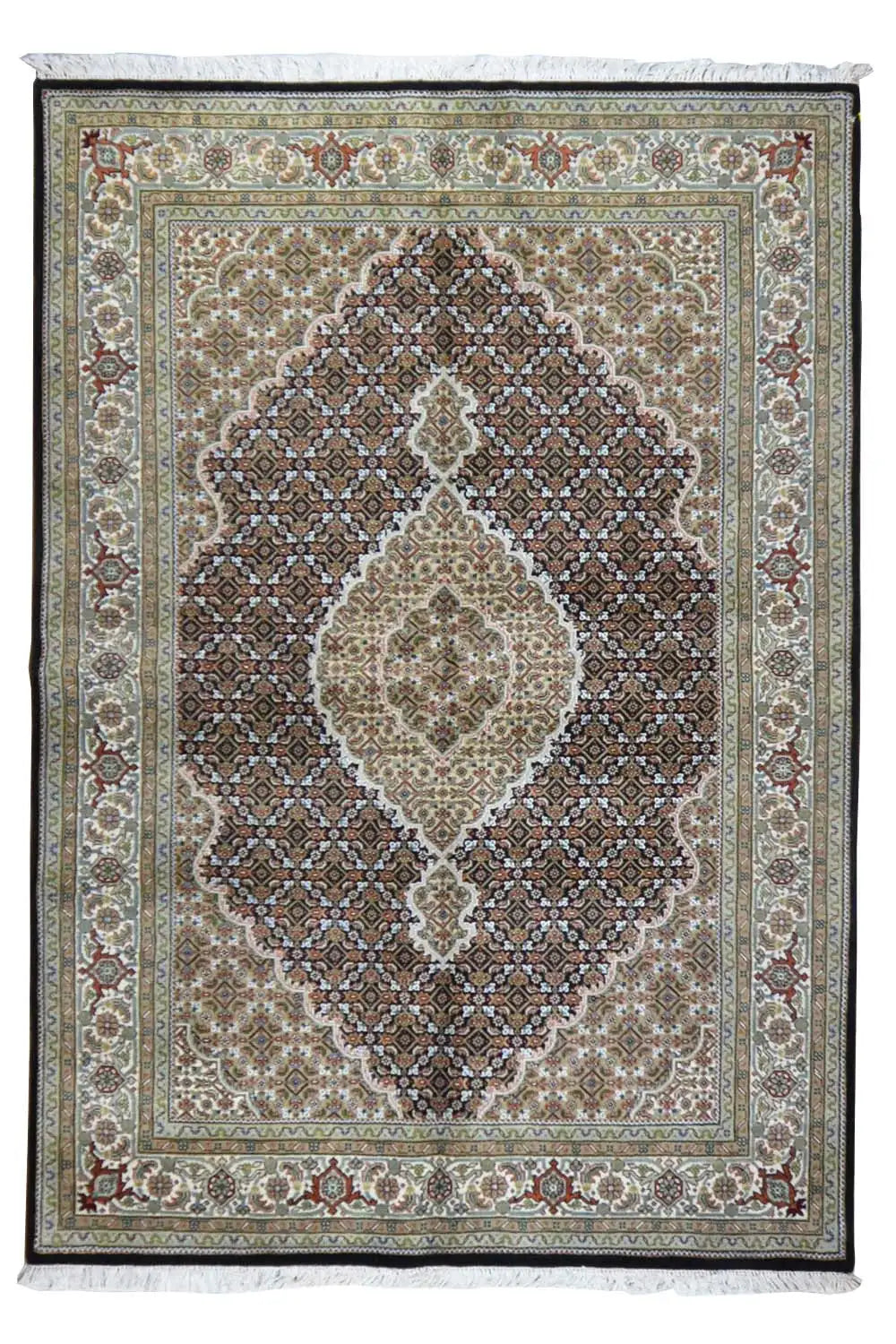 Indo Tabriz rug with medallion patterns in gray, beige, and dark brown