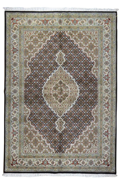 Indo Tabriz rug with medallion patterns in gray, beige, and dark brown
