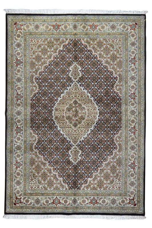 Indo Tabriz rug with medallion patterns in gray, beige, and dark brown