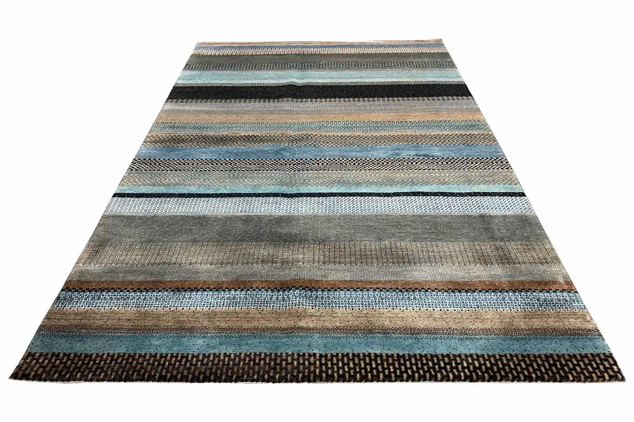 Gabbeh rug with wide horizontal stripes in blue, beige, and brown; 249x159 cm