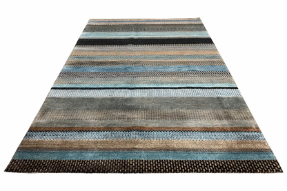Gabbeh rug with wide horizontal stripes in blue, beige, and brown; 249x159 cm