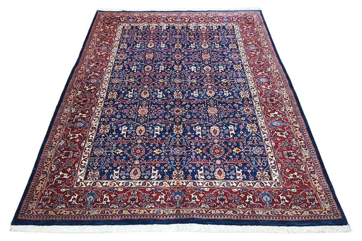 Exclusive Qashqai oriental rug: dark blue with medallion, red border, rectangular