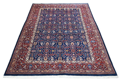 Exclusive Qashqai oriental rug: dark blue with medallion, red border, rectangular