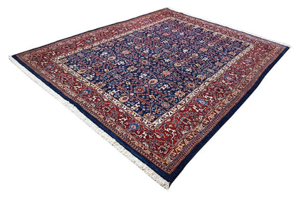 Rectangular Qashqai exclusive Oriental rug with a blue center and red-bordered edges