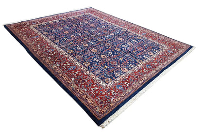 Exclusive Qashqai oriental rug, blue patterned field with red corner ornaments, rectangular