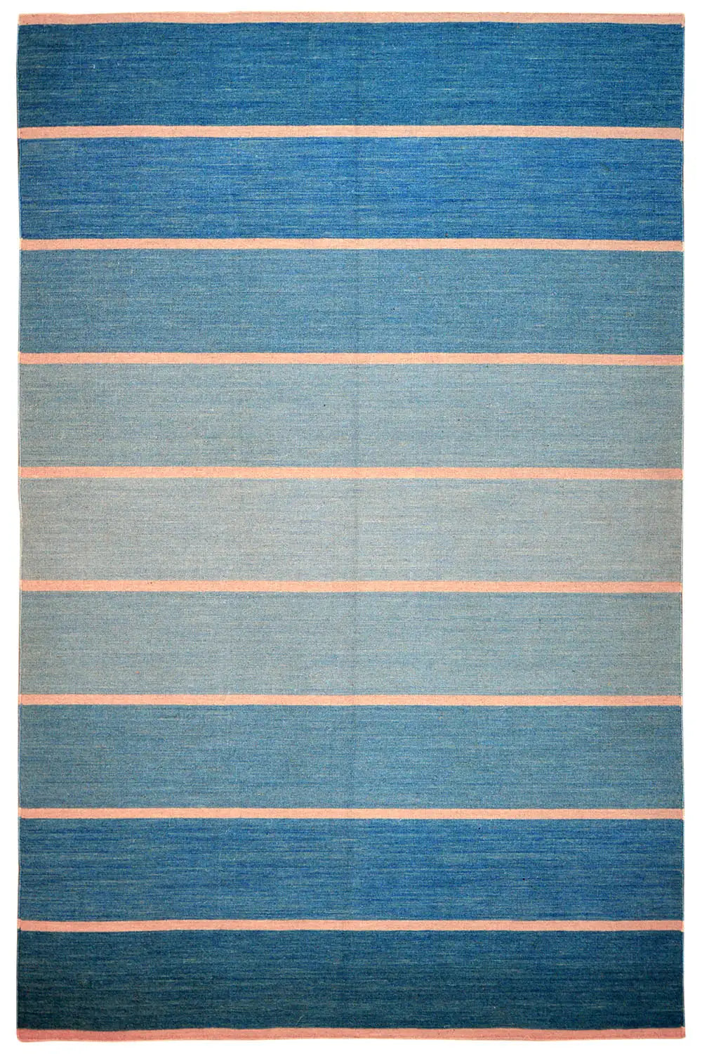 Kelim rug with a blue background and beige horizontal stripes, rectangular